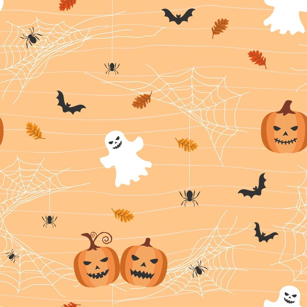 tema de halloween de patrones sin fisuras con calabazas, murciélagos, fantasmas y telaraña sobre fondo naranja vector