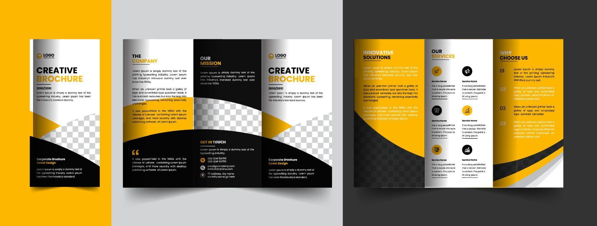 diseño de plantilla de folleto de empresa tríptico corporativo moderno amarillo y negro con formas creativas vector