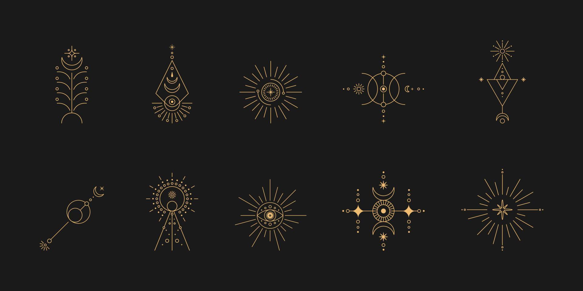 Set of moon and sun line art. Minimal boho linear symbols. Celestial mystic element. Vector line art illustration.