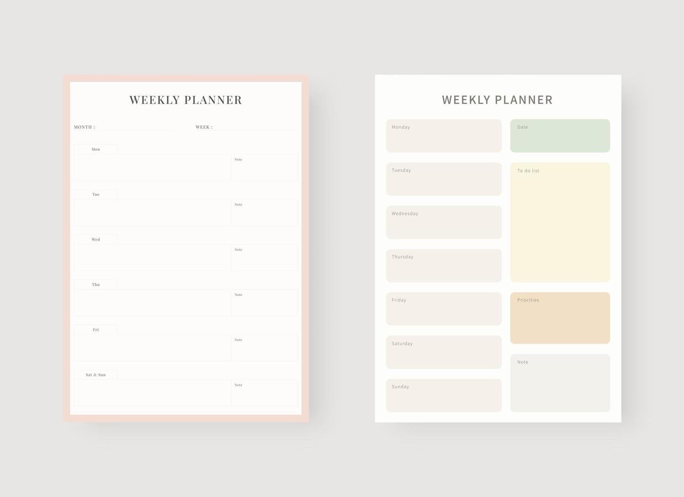 Weekly planner template. Set of planner and to do list. Modern planner template set. Vector illustration.