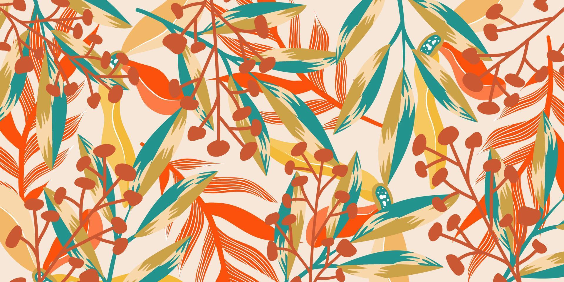 fondo estético abstracto selva boho con hojas tropicales. selva boho en estilo moderno. arte de fondo floral de hoja étnica. diseño plano dibujado a mano contemporáneo. arte tropical abstracto vector