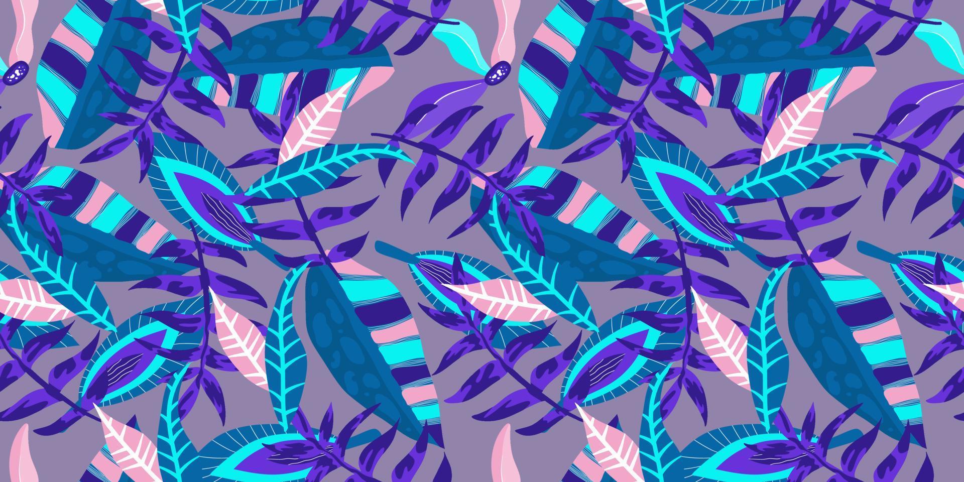 Neon tropic floral seamless pattern on purple background. Floral neon for bright summer design. Tropic jungle in abstract style on blue background. vector