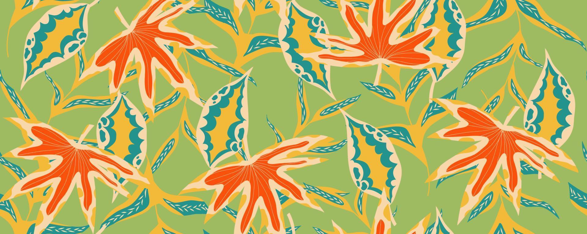 Contemporary aesthetic jungle wall horizontal seamless pattern background. Modern exotic floral jungle pattern. Pattern art texture background vector. Ethnic boho leaf floral background art vector