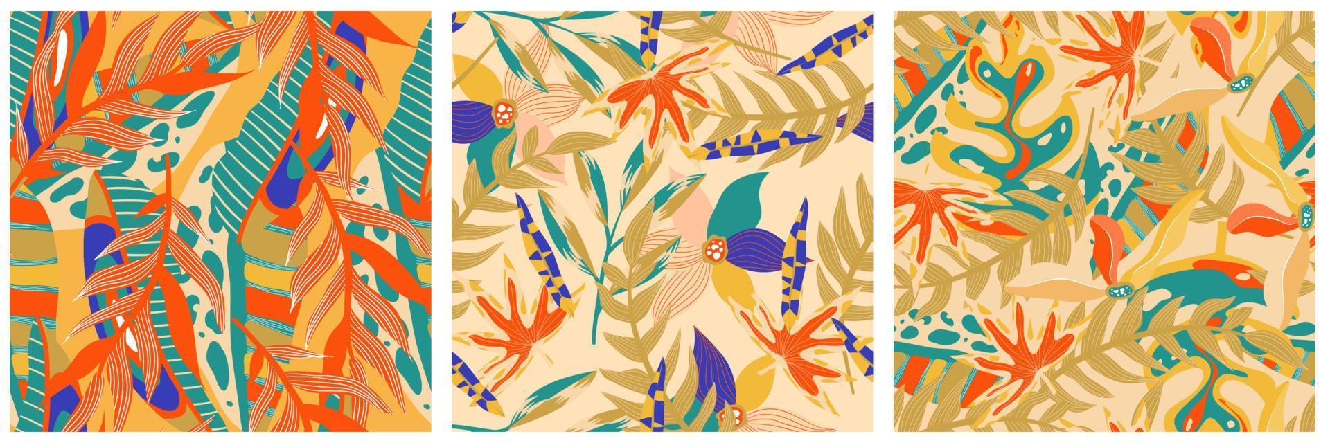 Aesthetic boho jungle seamless pattern set for print design. Boho botanical collection tropic floral background. Modern exotic floral jungle pattern. Geometric texture. Print design. vector