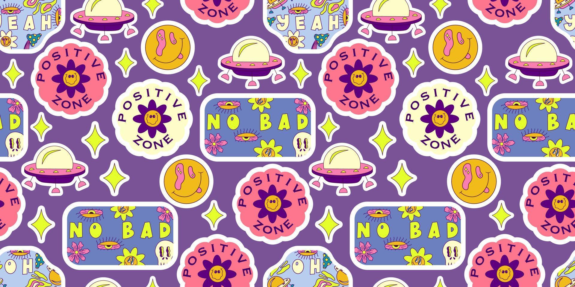 Retro trippy smile sticker seamless pattern for print design. Vector seamless pattern. Trendy psychedelic style. Cartoon trip sticker for wallpaper design