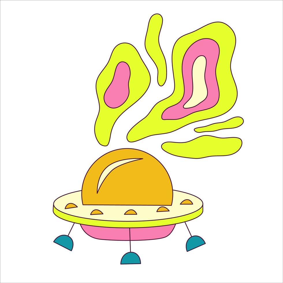 Trippy ufo in cartoon style isolated on white background. Hippy rave groovy style y2k. Doodle vector illustration. Vector crazy illustration