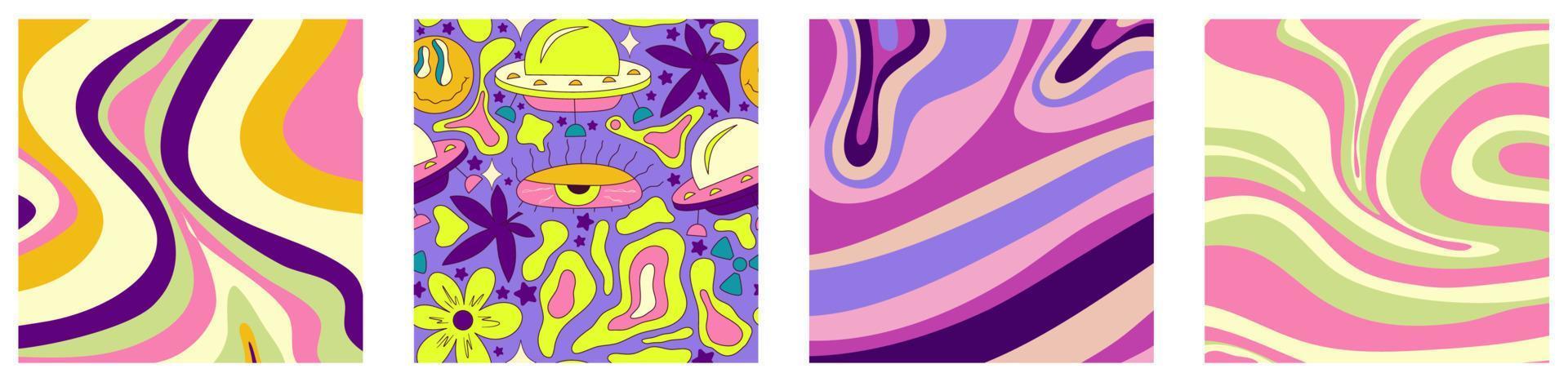 Trippy trendy background set Psychedelic design. y2k, 70s, hippie style. Abstract floral illustration. Vector illustration design. Psychedelic groovy wave.