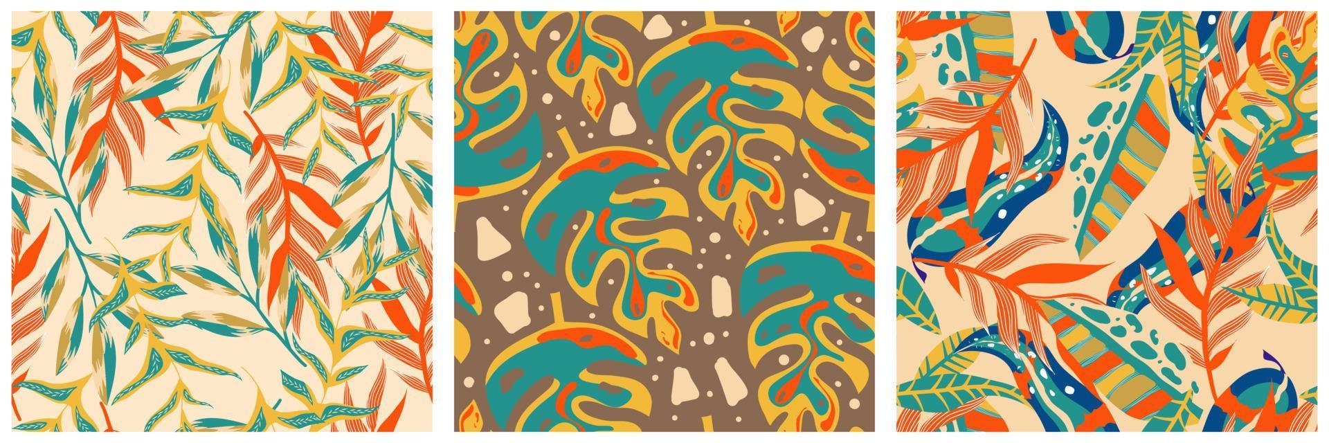 conjunto de patrones sin fisuras de la jungla boho estética para el diseño de impresión. fondo floral tropical de la colección botánica boho. patrón de selva floral exótico moderno. textura geométrica. diseño de impresión. vector