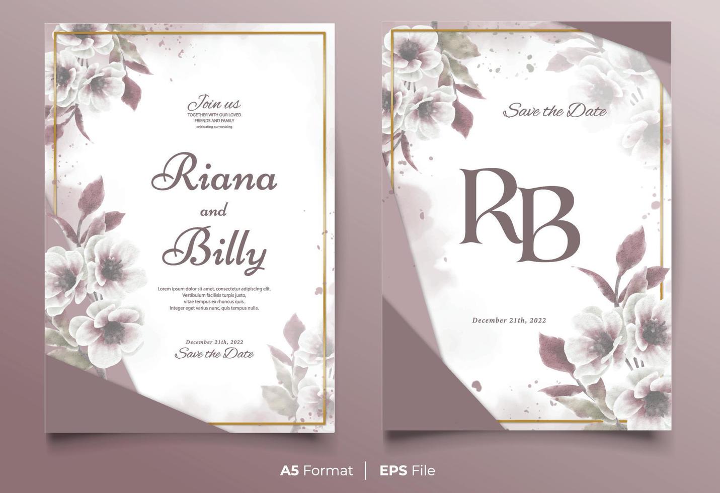 Watercolor wedding invitation template with brown and white flower ornament vector