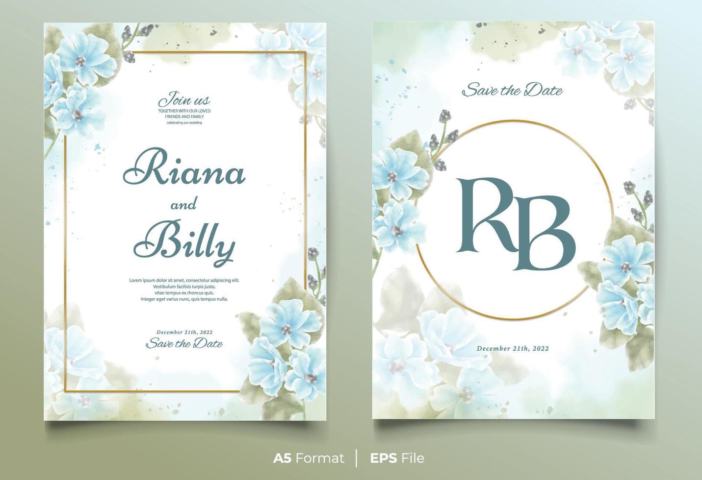 Watercolor wedding invitation template with blue and green flower ornament vector