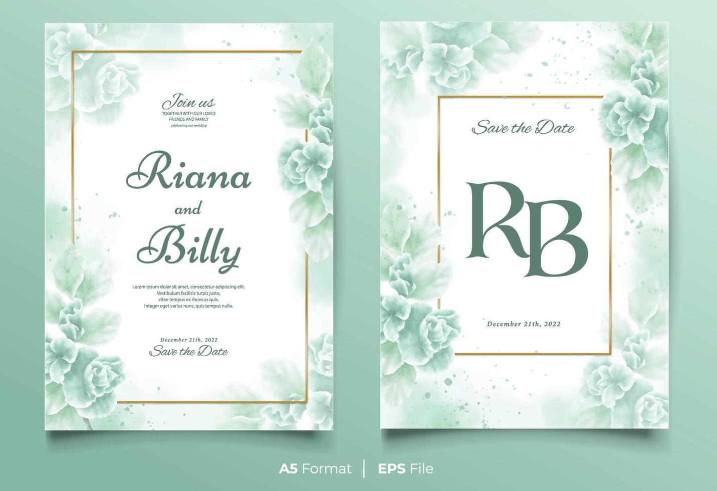 Watercolor wedding invitation template with green flower ornament vector