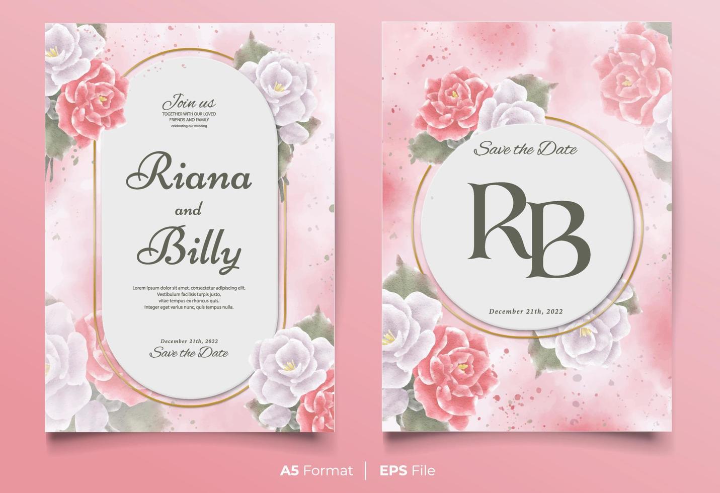 Watercolor wedding invitation template with pink and white flower ornament vector