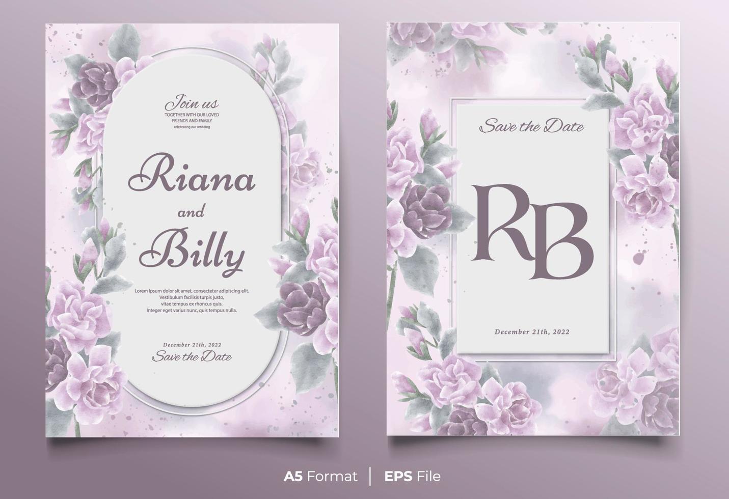 Watercolor wedding invitation template with pink and purple flower ornament vector