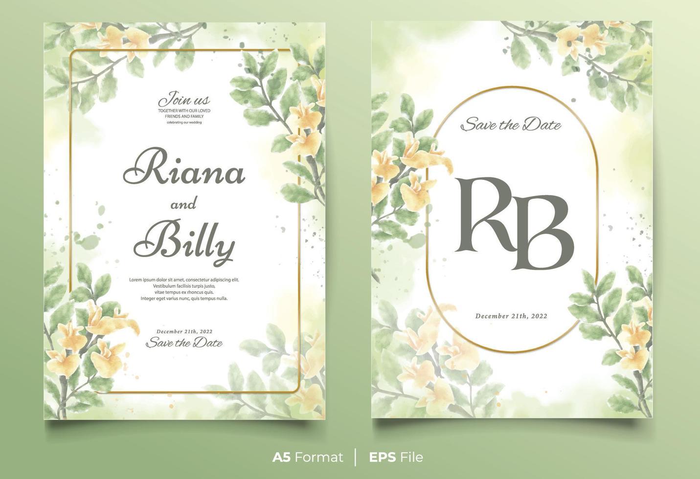 Watercolor wedding invitation template with yellow and green flower ornament vector