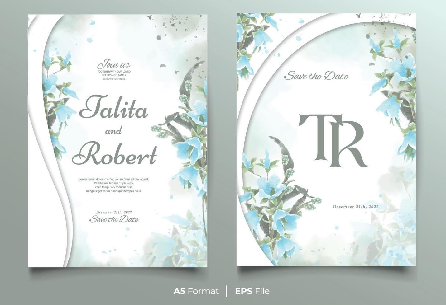 Watercolor wedding invitation template with blue and green flower ornament vector