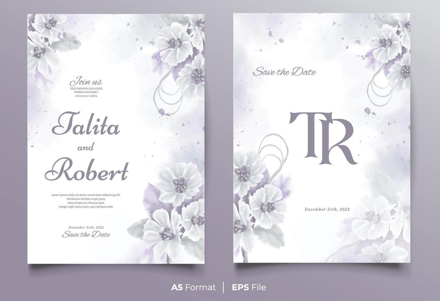 plantilla de invitación de boda de acuarela con adorno de flores blancas y moradas vector