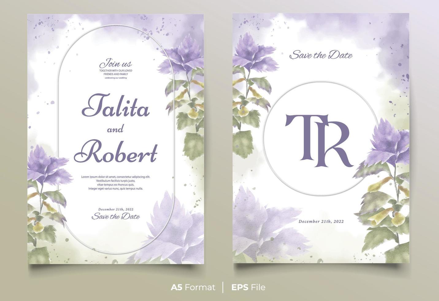 plantilla de invitación de boda en acuarela con adorno de flores moradas y verdes vector