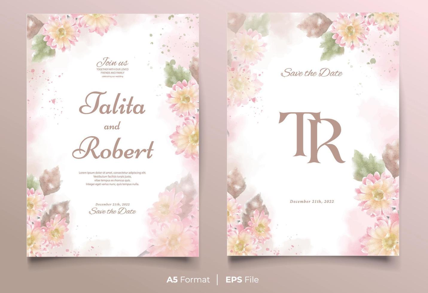 plantilla de invitación de boda de acuarela con adorno de flor rosa y verde vector