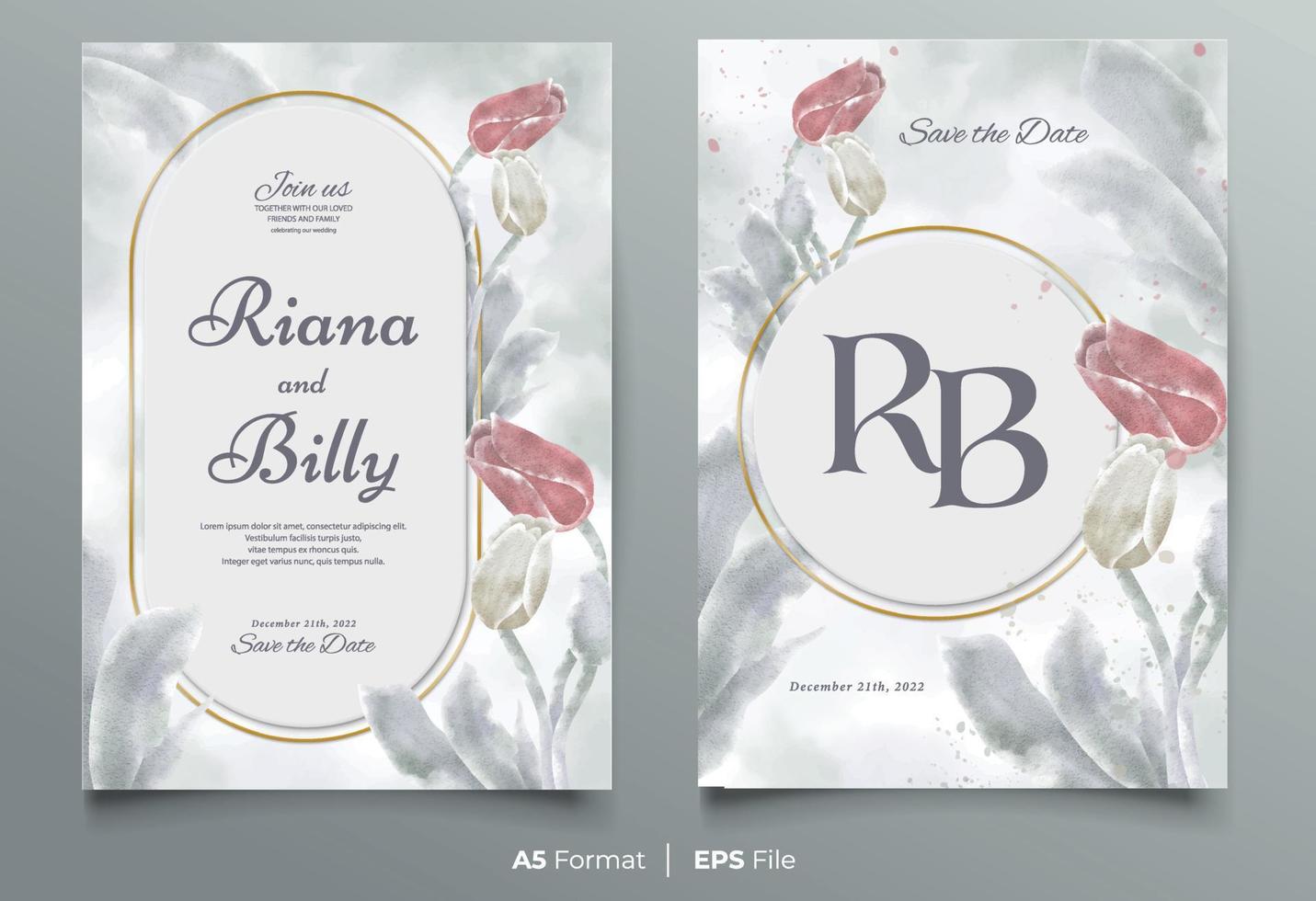 plantilla de invitación de boda de acuarela con adorno de flores rojas y blancas vector