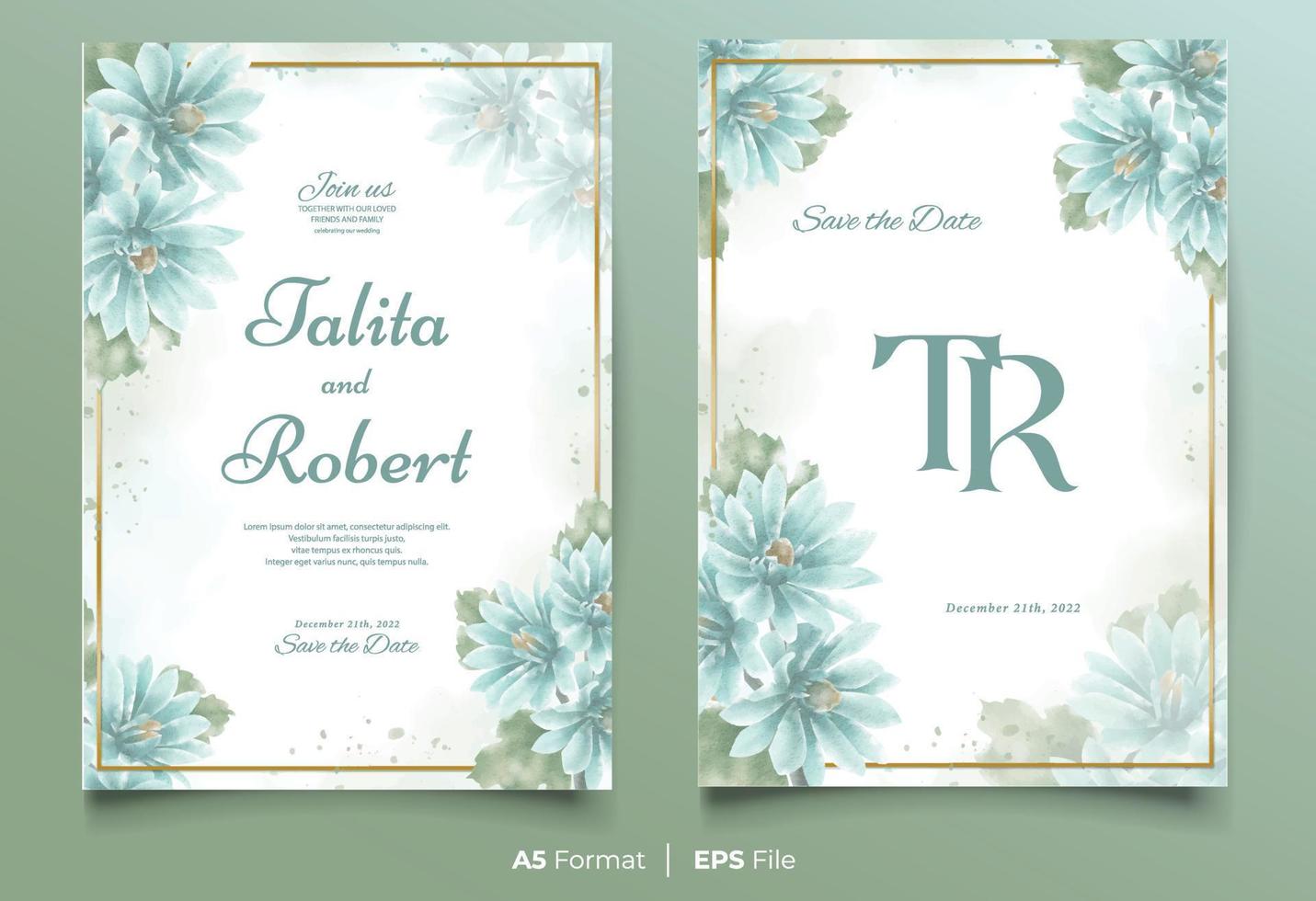 Watercolor wedding invitation template with blue and green flower ornament vector
