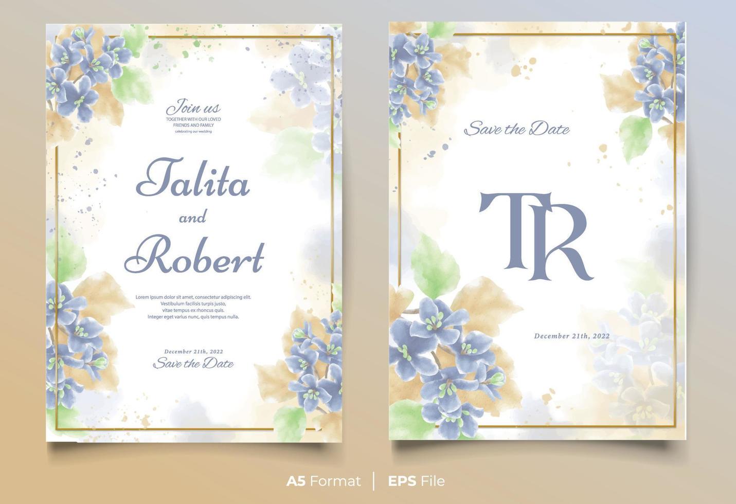 plantilla de invitación de boda de acuarela con adorno de flores amarillas y azules vector