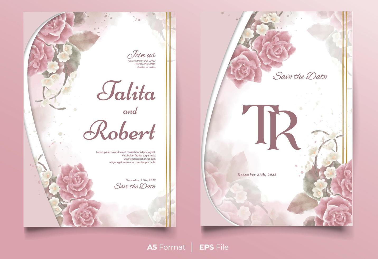 plantilla de invitación de boda de acuarela con adorno de flores rosa y marrón vector