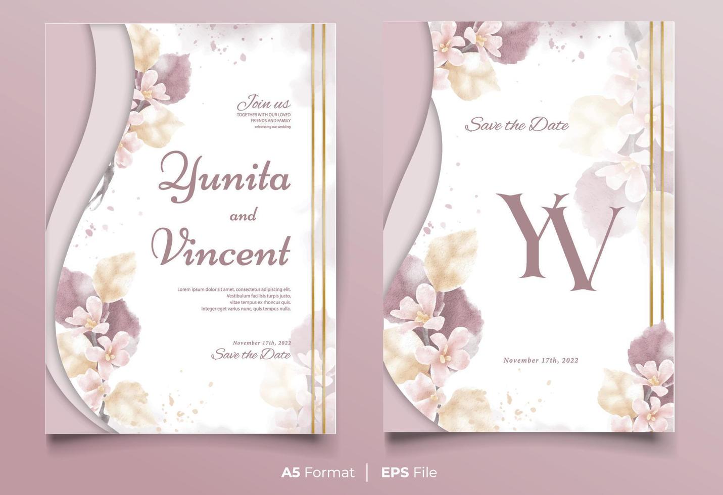 Watercolor wedding invitation template with yellow and brown flower ornament vector
