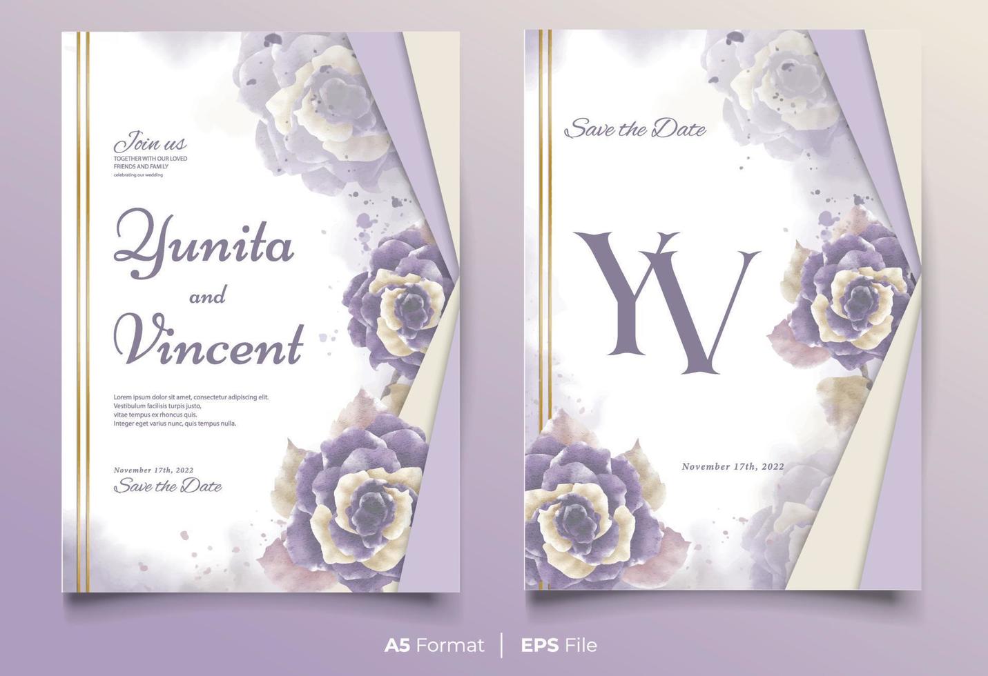 plantilla de invitación de boda en acuarela con adorno de flores moradas y amarillas vector