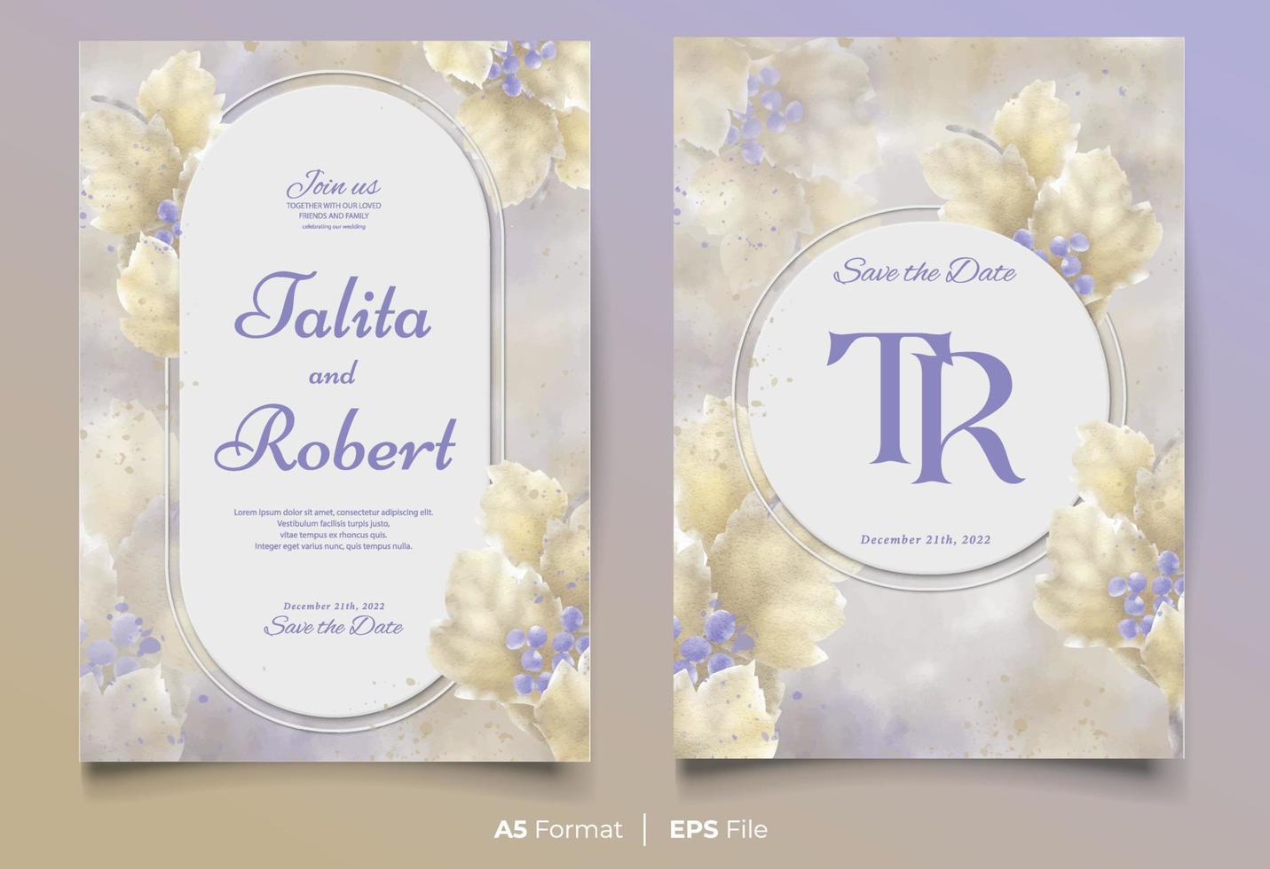 Watercolor wedding invitation template with yellow and blue flower ornament vector
