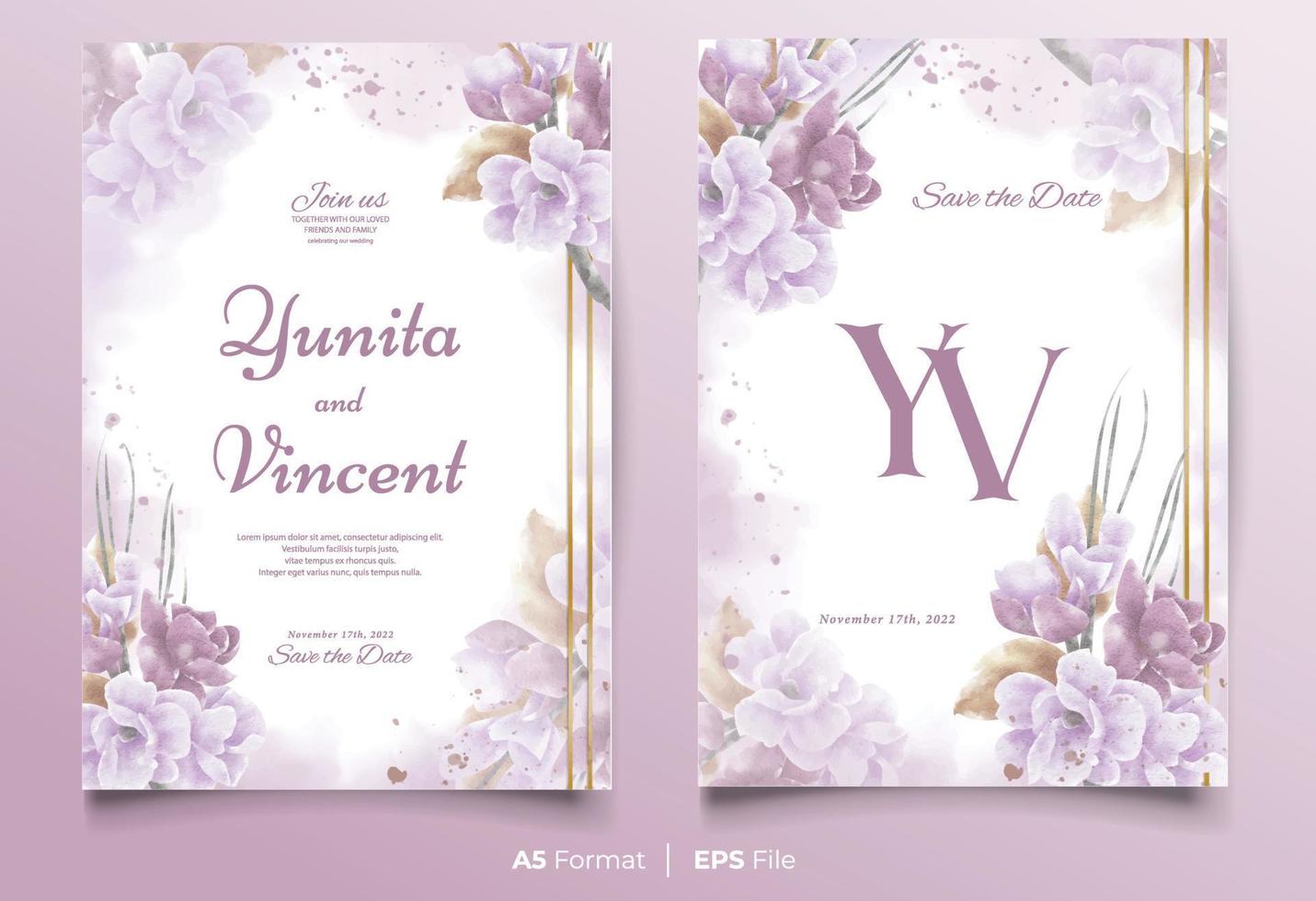 Watercolor wedding invitation template with purple flower ornament vector