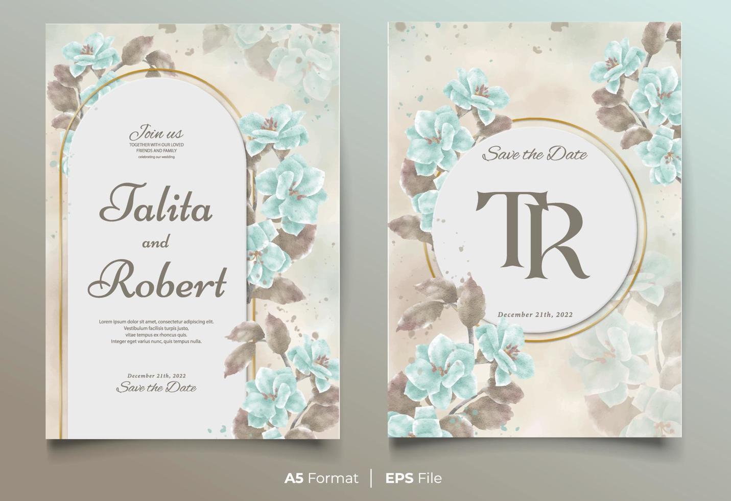 plantilla de invitación de boda de acuarela con adorno de flores azul y marrón vector