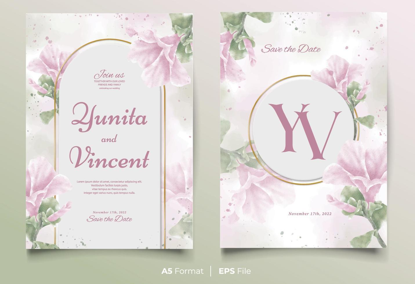 plantilla de invitación de boda de acuarela con adorno de flor rosa y verde vector