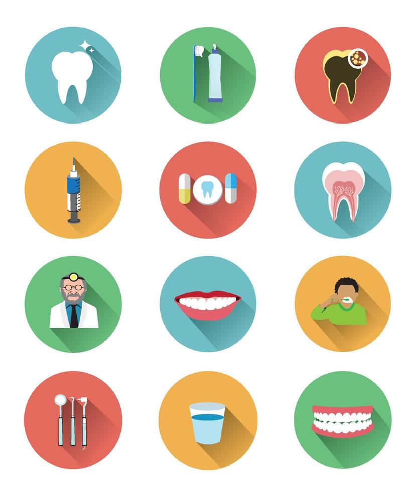 Modern flat dental icons set with long shadow effect vector