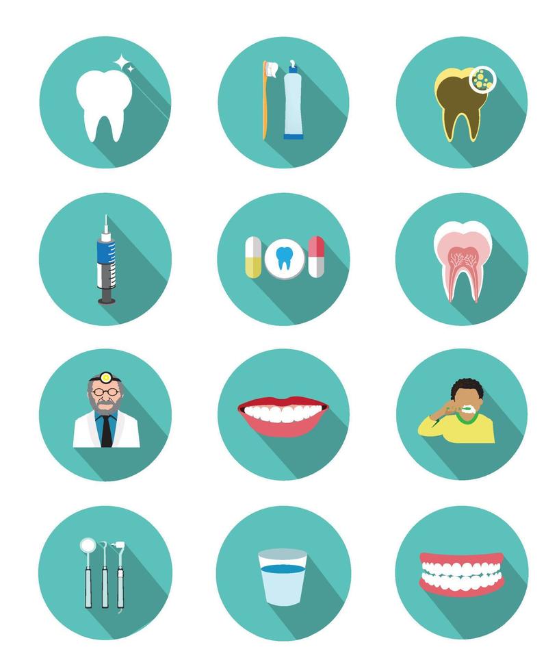 iconos dentales planos modernos con efecto de sombra larga vector