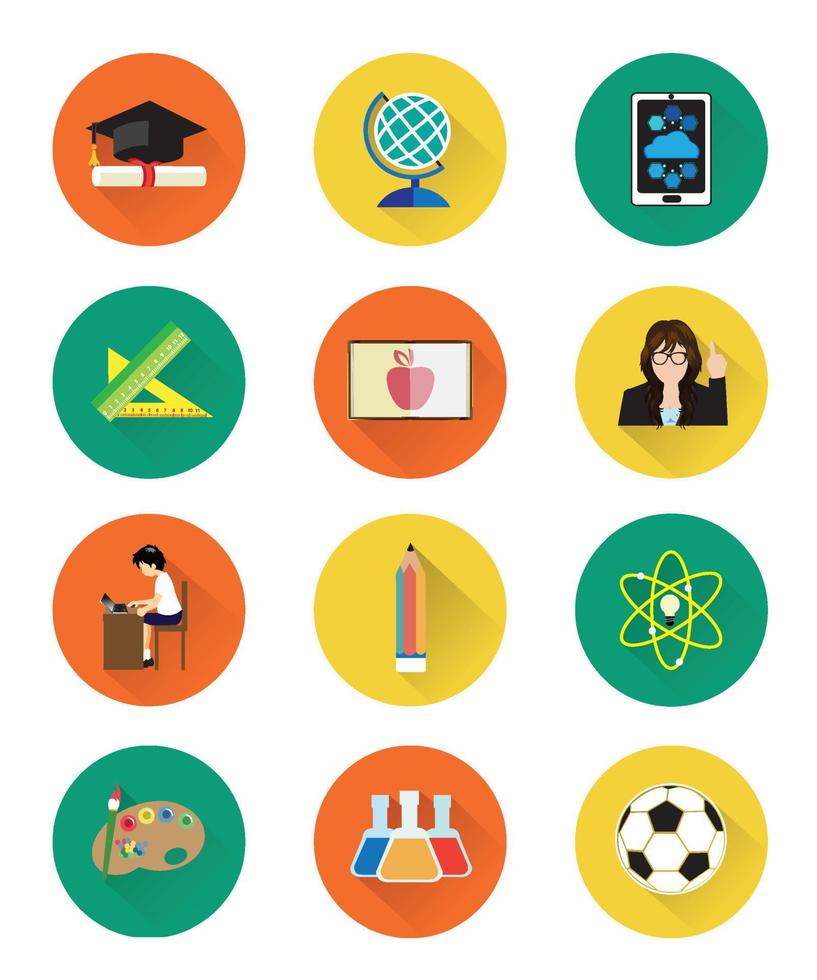 Twelve flat education icons set with long shadow effect vector