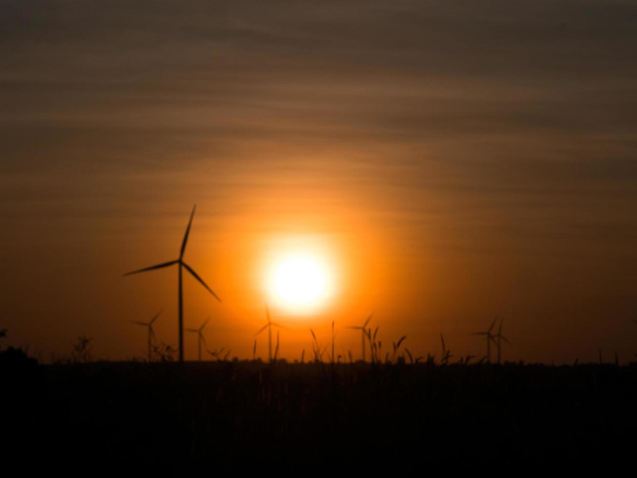 Blurred silhouette wind turbine and grass field with sunset photo