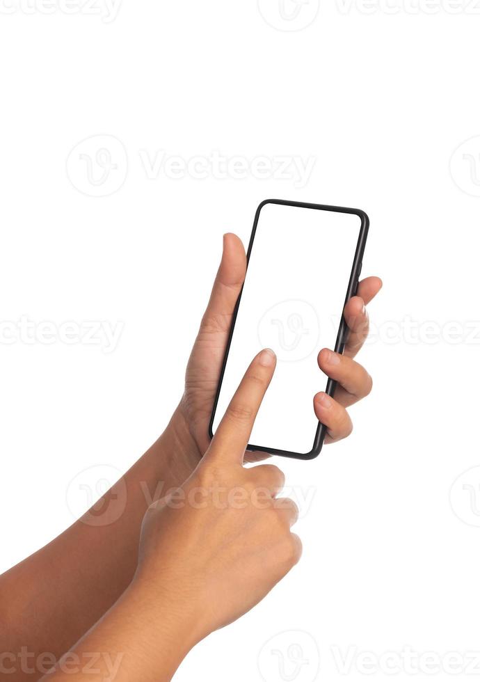 Female press on the empty phone to select something. photo