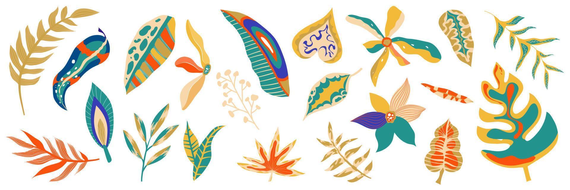 Boho jungle floral set isolated for textile design. Aesthetic jungle in beige, blue and orange color. Modern exotic design collection. Boho botanical summer motif vector