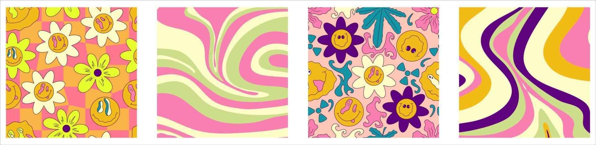 Trippy trendy background set Psychedelic design. y2k, 70s, hippie style. Abstract floral illustration. Vector illustration design. Psychedelic groovy wave.