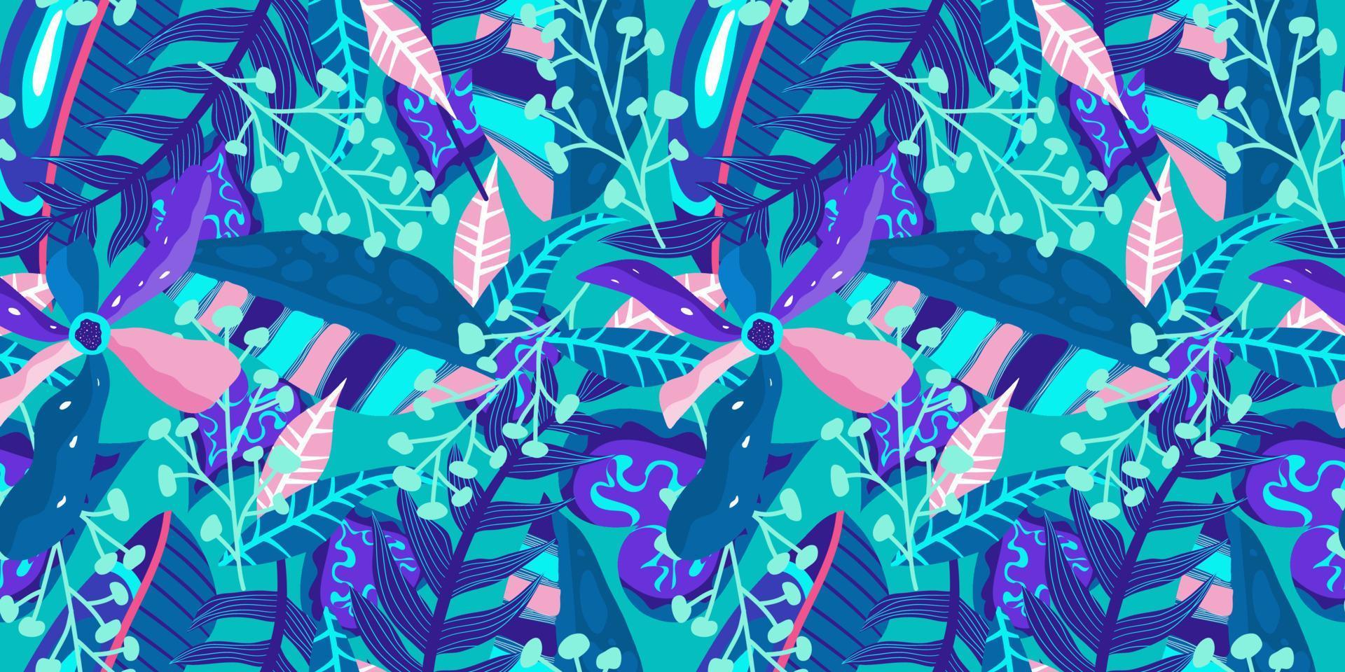 Neon tropic floral seamless pattern on blue background. Floral neon for bright summer design. Tropic jungle in abstract style on blue background vector