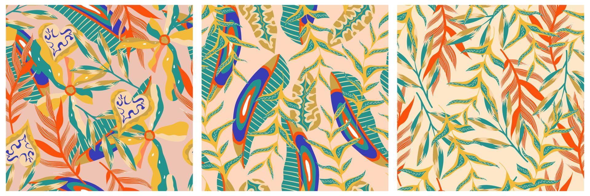 Aesthetic boho jungle seamless pattern set for print design. Boho botanical collection tropic floral background. Modern exotic floral jungle pattern. Geometric texture. Print design. vector
