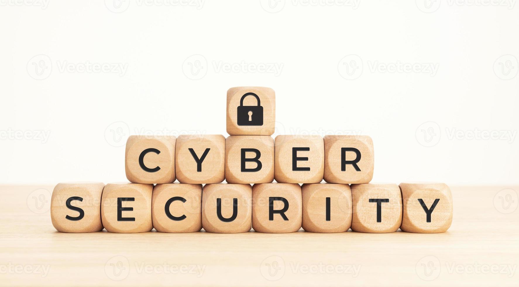 Cybersecurity data protection concept. Text and lock pad icon on wooden blocks photo