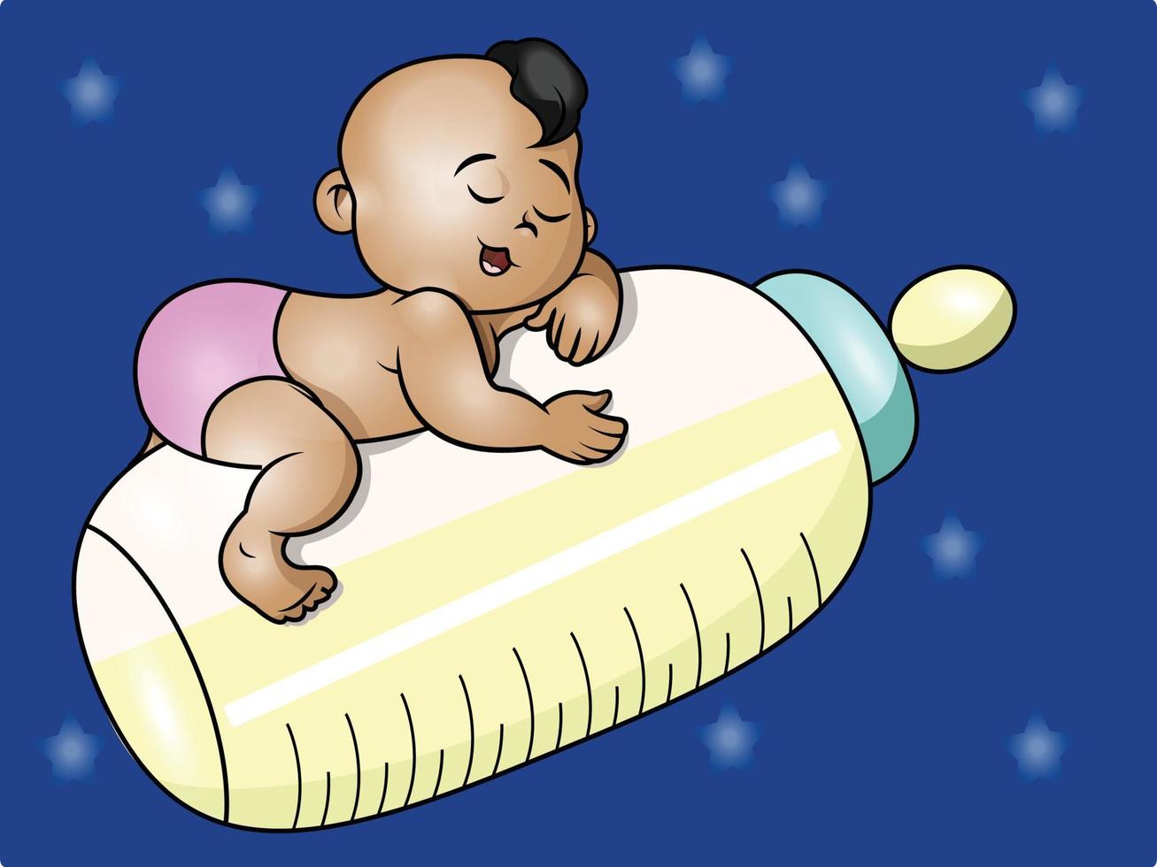 a toddler sleeping on a big milk bottle vector