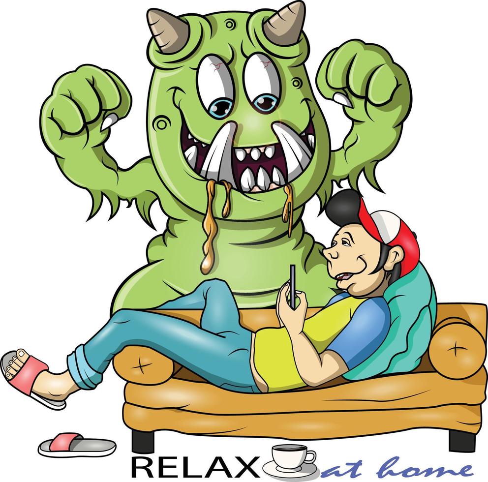 a young man playing a cellphone,is being disturbed by a green monster vector