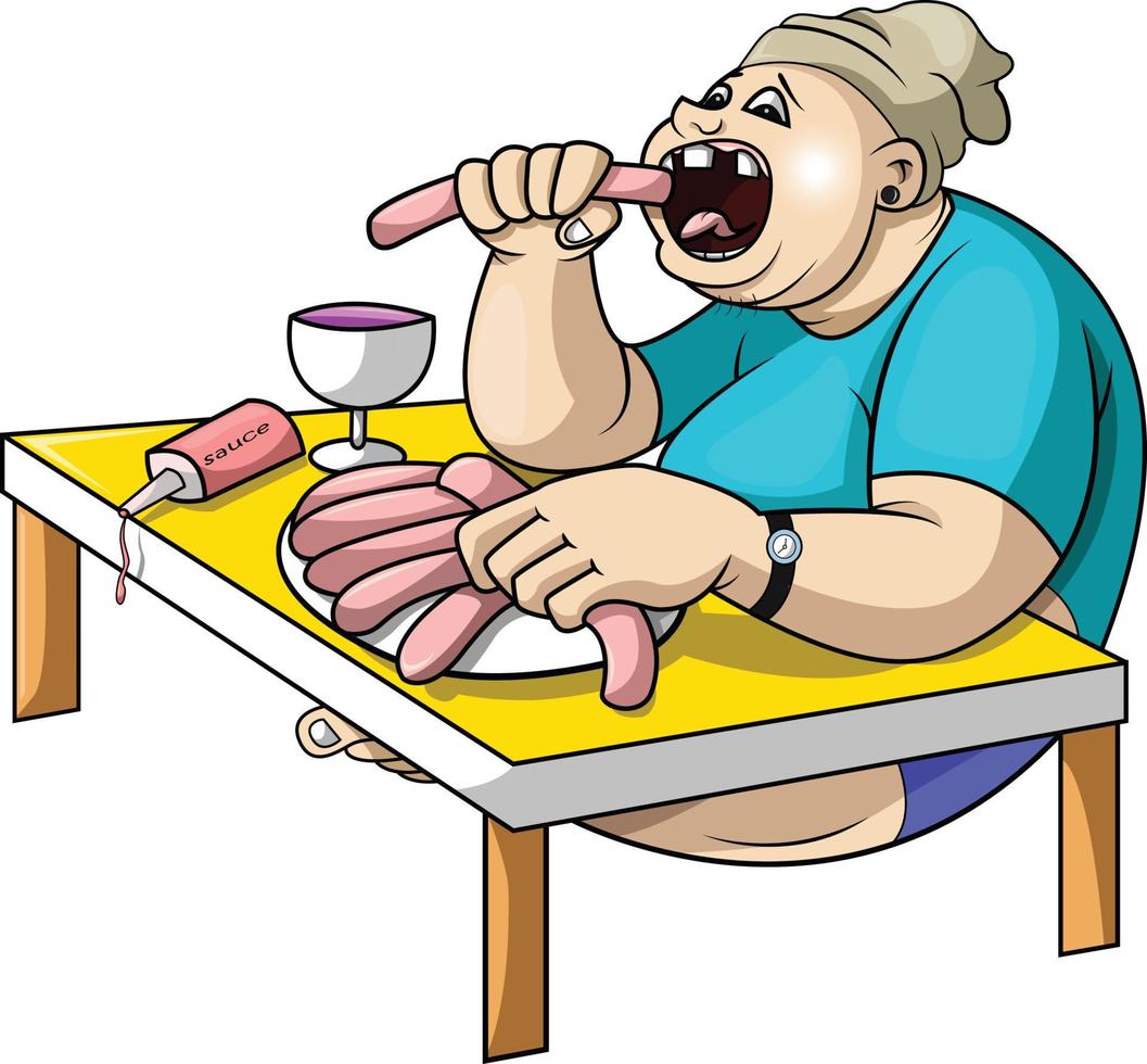 a fat kid eating sausage meat vector