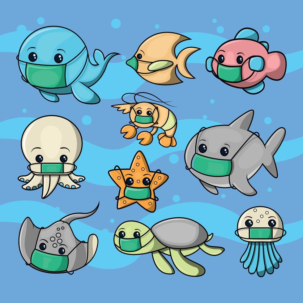 set of cute cartoon water animal world vector