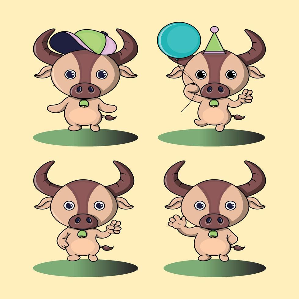 conjunto de diseño de vector de búfalo de personaje de dibujos animados lindo