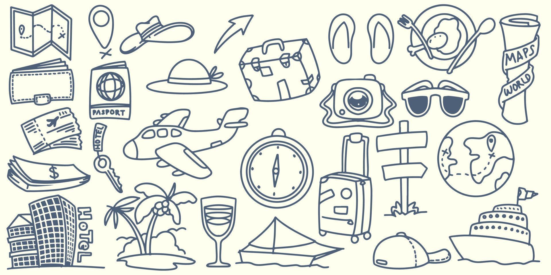 Hand drawing doodle travel elements trip to around the world vector