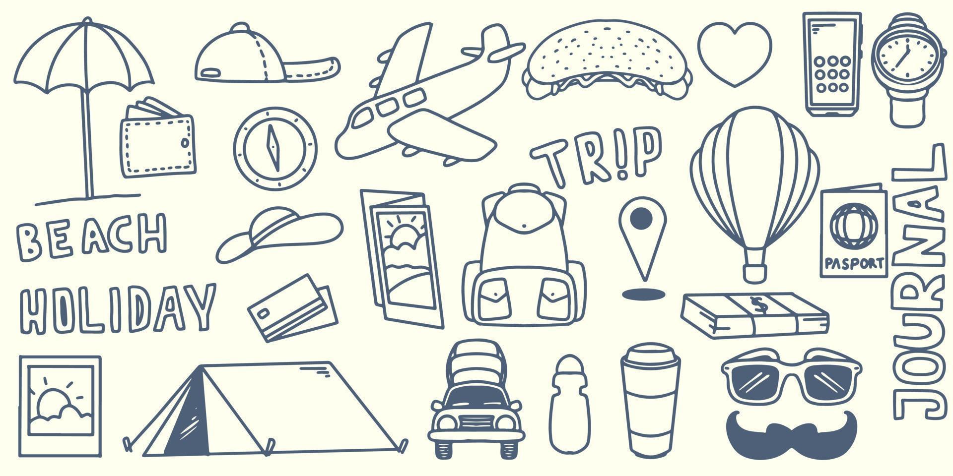 Hand drawing doodle travel elements trip to outdoor journey camping. vector