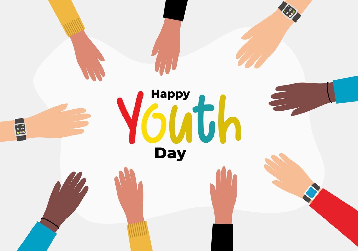 feliz día internacional de la juventud el 12 de agosto con nueve manos de diversidad vector